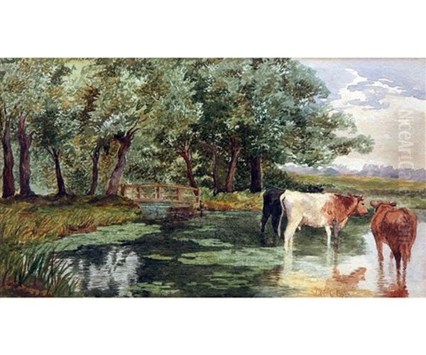 Landscape With Cattle Watering Oil Painting by Miles Edmund Cotman