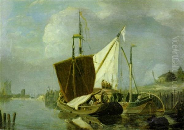 Wherries At Their Moorings On A Norfolk Estuary Oil Painting by Miles Edmund Cotman