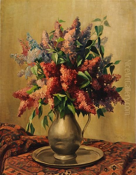 Lilac In A Tin Vase Oil Painting by Petrus Johannes M. (Piet) Cottaar