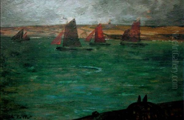 Barques De Peche Sous Voiles Pres De Camaret Oil Painting by Charles Cottet