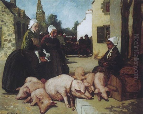 Marche Aux Cochons En Bretagne Oil Painting by Charles Cottet