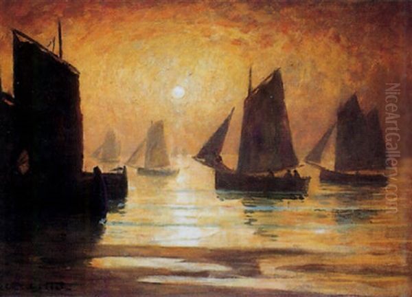 Barques De Peche Par Grand Calme Au Soleil Couchant Oil Painting by Charles Cottet