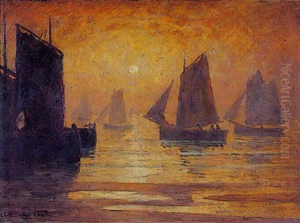 Bateaux De Peche Au Soleil Couchant Oil Painting by Charles Cottet