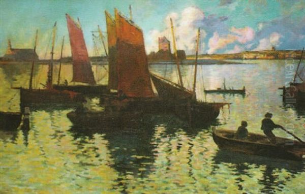 Camaret - Barques Sardinieres Sous Voiles Oil Painting by Charles Cottet