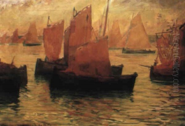 Barques Sardinieres Aux Voiles Rouges Oil Painting by Charles Cottet