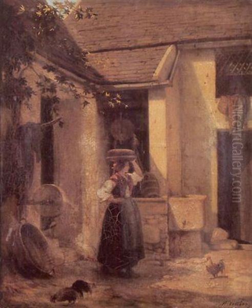 Jeune Fille A La Fontaine Oil Painting by Maurice Cottier