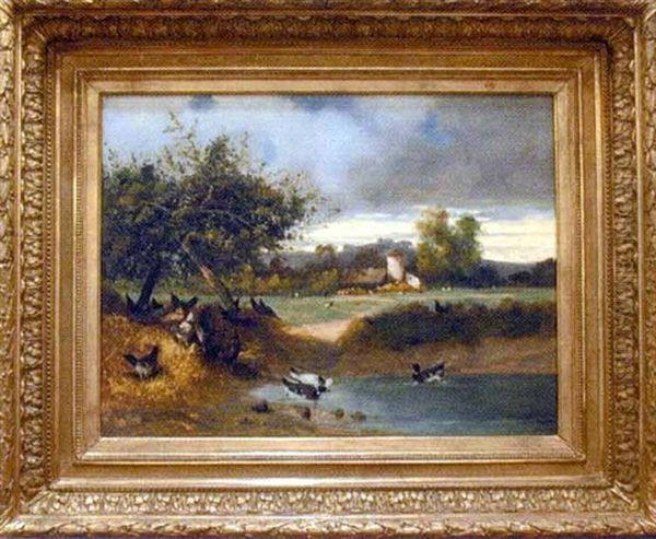 Poules Et Canards Pres D'une Mare Sur Fond De Paysage Oil Painting by Eugene Cottin