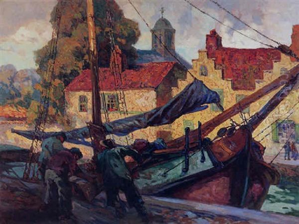 On A Bruges Canal Oil Painting by John Wesley Cotton