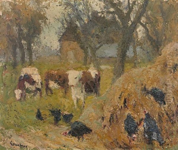 Dindons Et Vaches Devant La Ferme Oil Painting by Marcel Couchaux