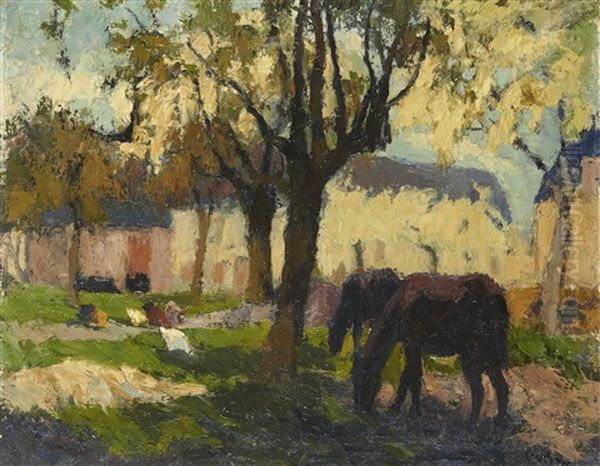 Chevaux Sous Les Pommiers Oil Painting by Marcel Couchaux