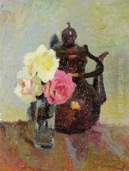 Cafetiere Au Bouquet De Roses Oil Painting by Marcel Couchaux