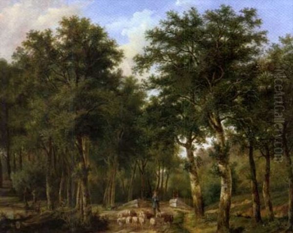 Paysage De Foret Avec Un Berger Et Son Troupeau by Johannes Coucke