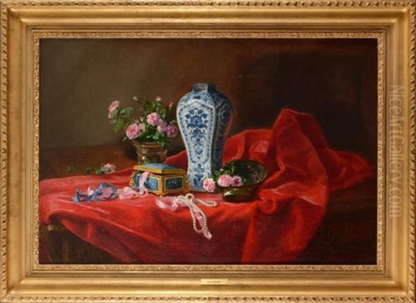 Nature Morte Au Vase Chinois Et Au Coffret A Bijoux Oil Painting by Emile Gustave Couder