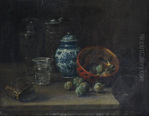 Nature Morte A La Corbeille De Prunes Et Au Pichet En Porcelaine Blanc Et Bleu Oil Painting by Emile Gustave Couder