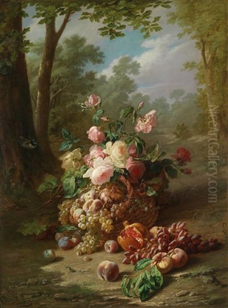 Ein Korb Mit Blumen Und Fruchten Vor Landschaftshintergrund Oil Painting by Emile Gustave Couder