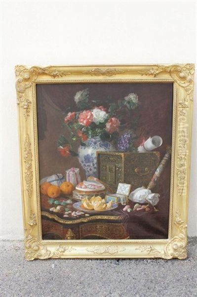 Composition Au Bouquet Dans Un Vase Chinois, Confiseries, Fruits Et Perles Sur Une Table En Marqueterie Boulle Oil Painting by Emile Gustave Couder