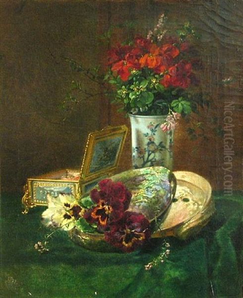 A Still Life With Pansies In A Conch Shell, Flowers In A Vase And A Jewelry Box Oil Painting by Emile Gustave Couder