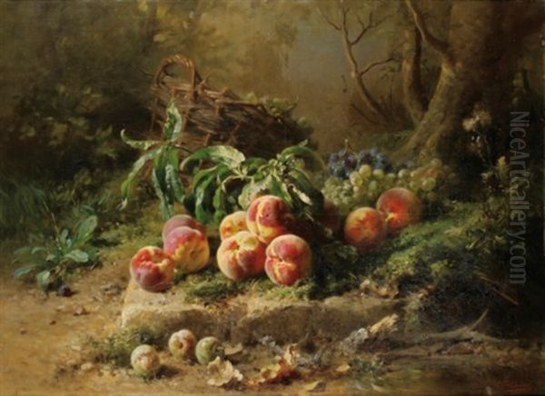 Peches Et Panier De Raisin Dans Un Sous-bois Oil Painting by Emile Gustave Couder