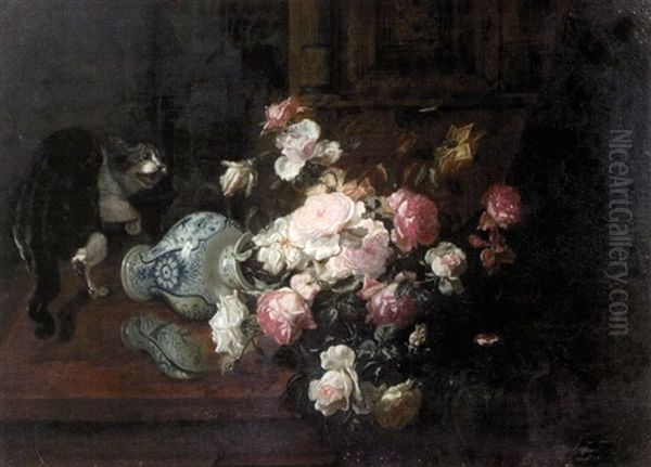 Cat Overturning A Vase Of Flowers Oil Painting by Emile Gustave Couder