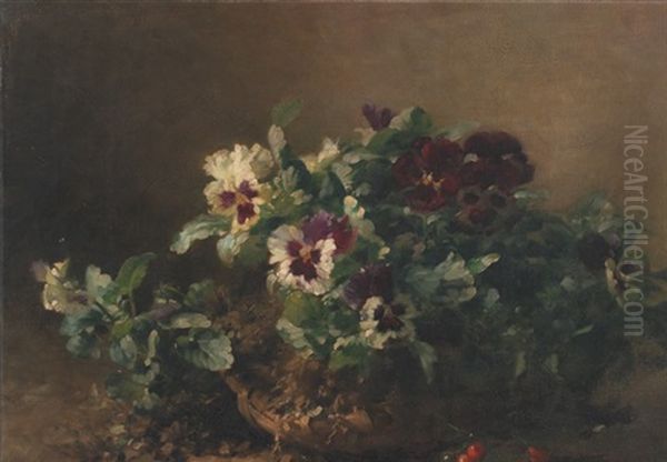 Bourriche De Pensees Et Cerises Oil Painting by Emile Gustave Couder