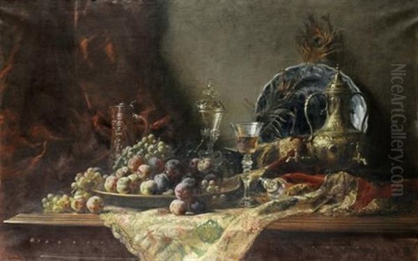 Nature Morte Au Verre Et A La Coupe De Fruits Oil Painting by Emile Gustave Couder