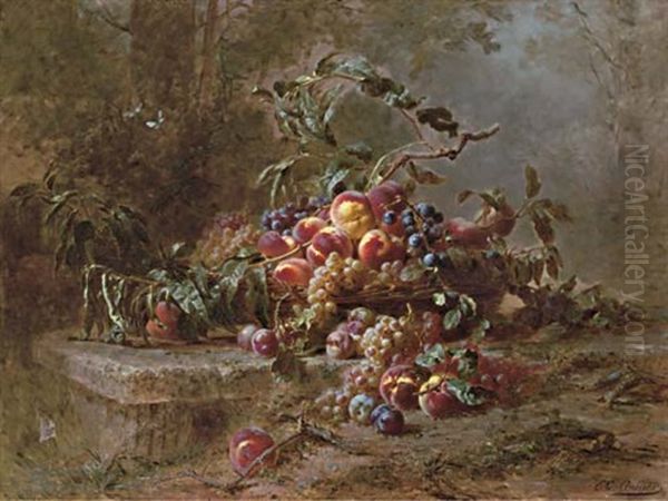 Still Life With Fruits On A Stone Ledge Oil Painting by Emile Gustave Couder