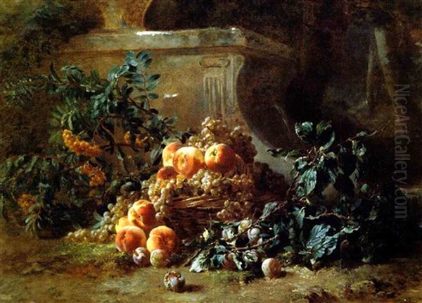 Basket Of Peaches, Plums, And Flowers In A Garden Oil Painting by Emile Gustave Couder