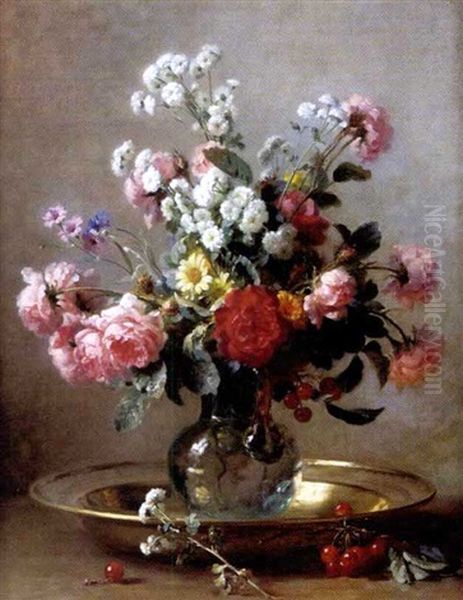 Sill Life With Flowers And Cherries Oil Painting by Emile Gustave Couder