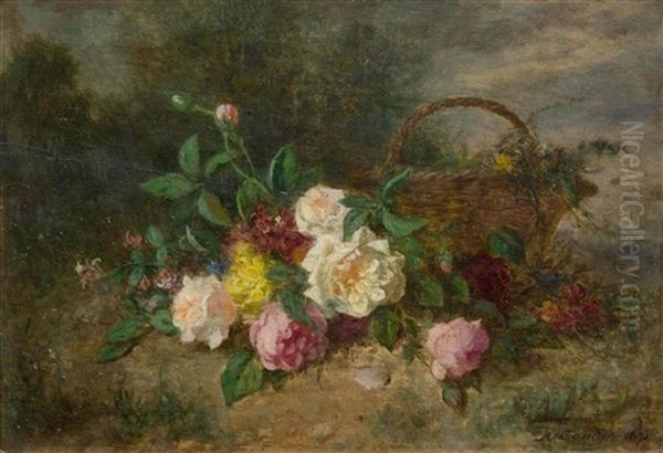 Still Life Of Roses With A Basket Oil Painting by Jean Alexandre Remy Couder