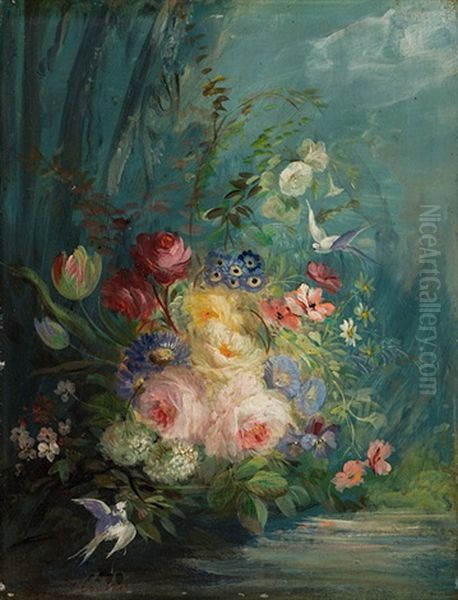 Stillleben Mit Blumen Und Vogeln (pair) Oil Painting by Jean Alexandre Remy Couder