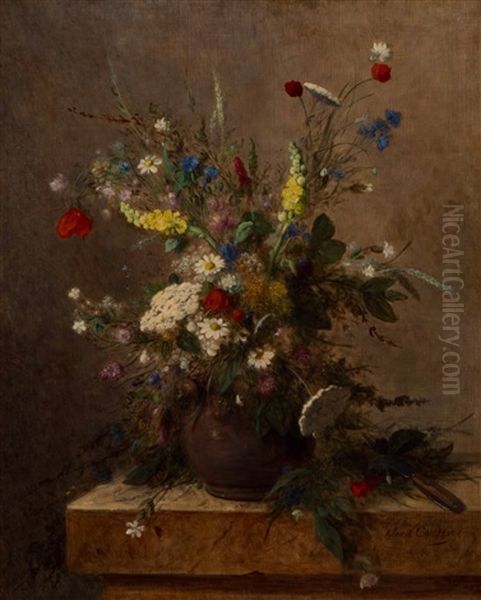 Still Life With Wild Flowers In An Earthenware Vase On A Plinth Oil Painting by Jean Alexandre Remy Couder