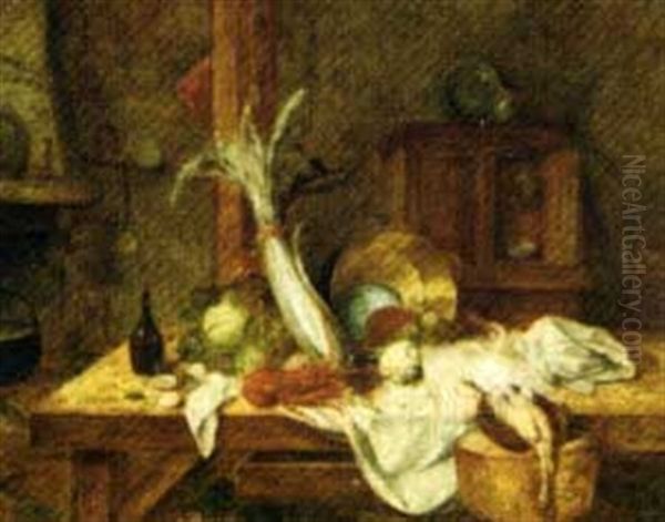 Still Life With A Lobster, A Skate, Poultry And Vegetables On A Kitchen Table Oil Painting by Jean Alexandre Remy Couder