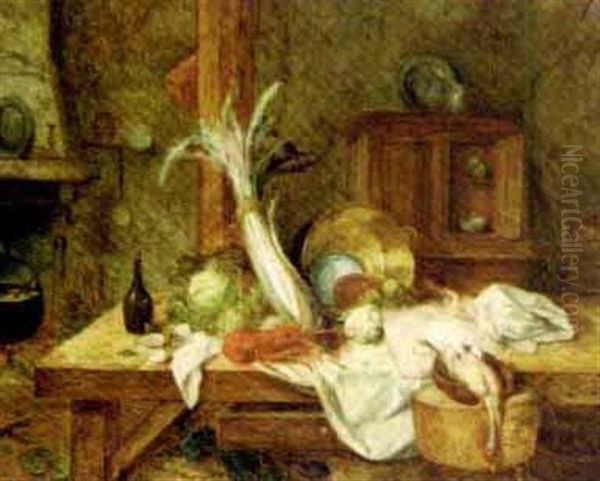 Still Life With A Lobster, A Skate, Poultry And Vegetables On A Kitchen Table Oil Painting by Jean Alexandre Remy Couder