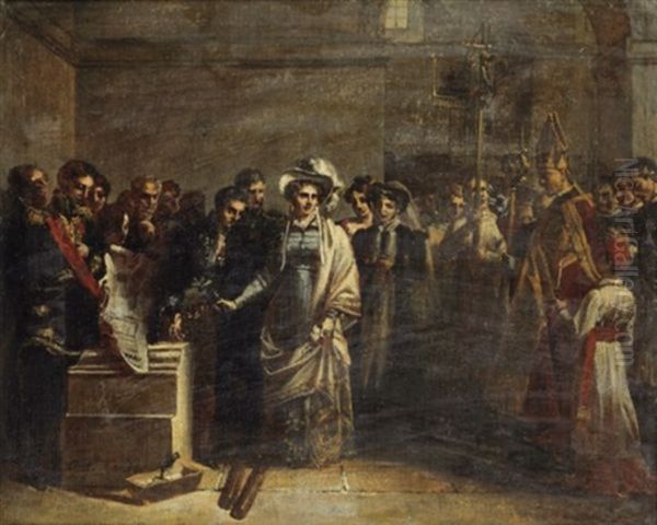 La Duchesse D'angouleme Posant La Premiere Pierre Du Monument Eleve Aux Victimes De Quiberon Oil Painting by Louis-Charles-Auguste Couder