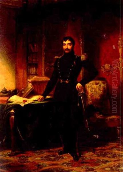 A Military Officer In A Study With Documents And Books On A Table Oil Painting by Louis-Charles-Auguste Couder