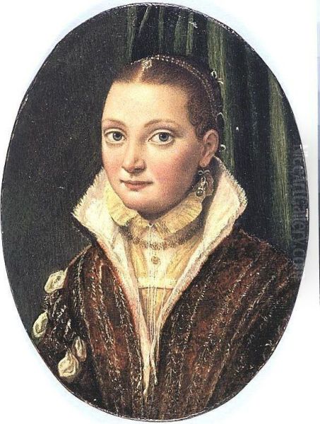 Portrait Of Sofonisba Anguissola, Half Length, Wearing A Red Doublet Over A Cream Shirt, With Blue Pearl-drop Earings Oil Painting by Lucia Anguissola