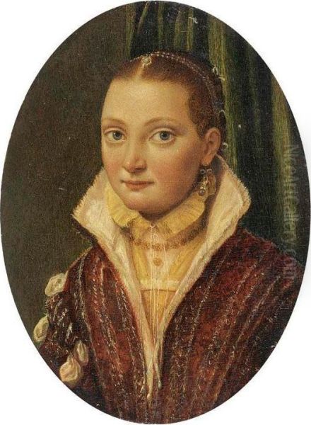 Portrait Of Sofonisba Anguissola, Half Length, Wearing A Red Doublet Over A Cream Shirt, With Blue Pearl-drop Earings Oil Painting by Lucia Anguissola