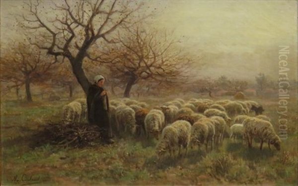 Woman With Sheep In Pasture Oil Painting by Martin Coulaud