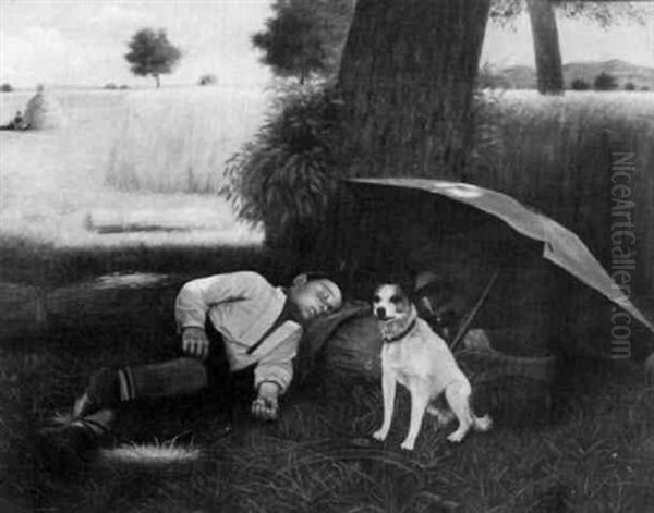 A Boy And His Dog Resting In A Wheat Field Oil Painting by Martin Coulaud