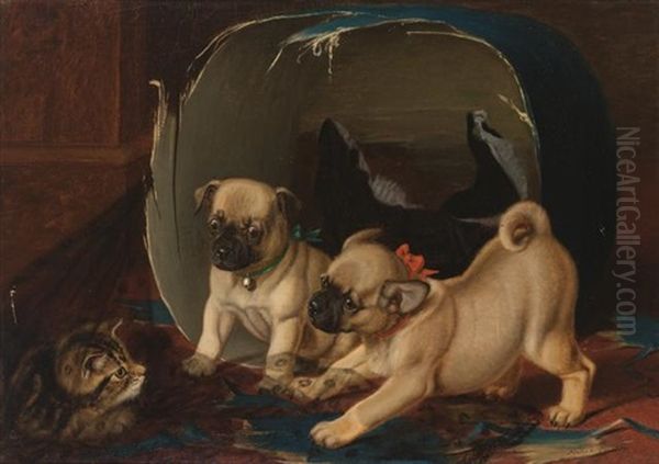 Friend Or Foe (two Pugs Playing With A Kitten) Oil Painting by Horatio Henry Couldery