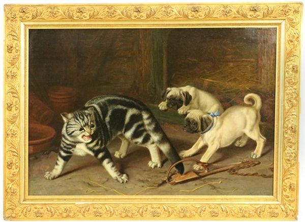 Twee Mopsen En Een Kat Met Staart In De Val Oil Painting by Horatio Henry Couldery