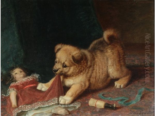 A Dog Pulling At A Doll's Dress Oil Painting by Horatio Henry Couldery