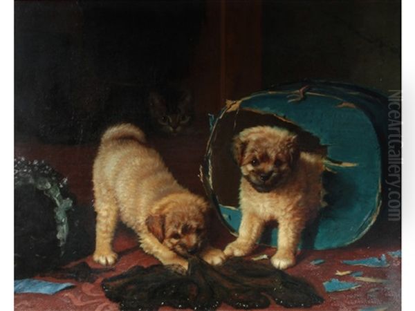 A Game Of Hide And Seek (two Dogs Watched By A Cat) Oil Painting by Horatio Henry Couldery