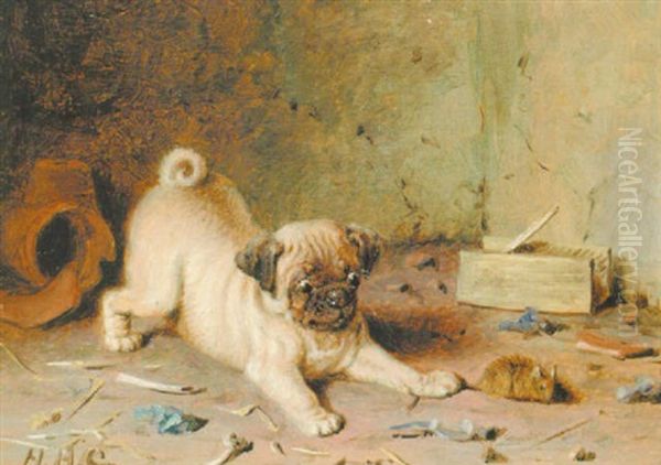 A Pug In An Interior Oil Painting by Horatio Henry Couldery