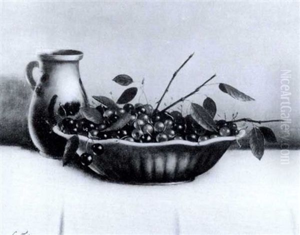 Still Life With Bowl Of Cherries And Pitcher On A Table Oil Painting by George Joseph Amede Coulon