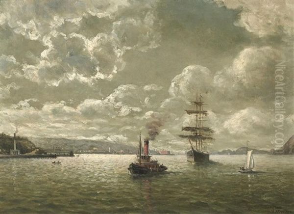 Red Stack Tug And Clipper Ship In The Golden Gate Oil Painting by William Alexander Coulter