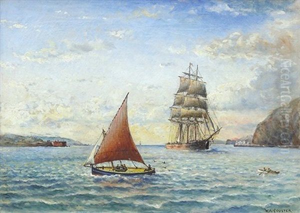 Two Ships On Wind Whipped San Francisco Bay Waters Oil Painting by William Alexander Coulter