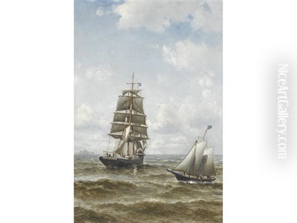 A Merchant Brig Hove To, Awaiting Pilot Boat No. 10 Oil Painting by William Alexander Coulter