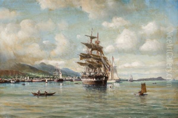 Clipper Ship In Oahu With Diamond Head In The Distance Oil Painting by William Alexander Coulter