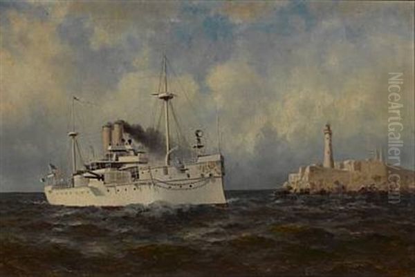 A Frigate Of The Great White Fleet Passing Alcatraz Oil Painting by William Alexander Coulter